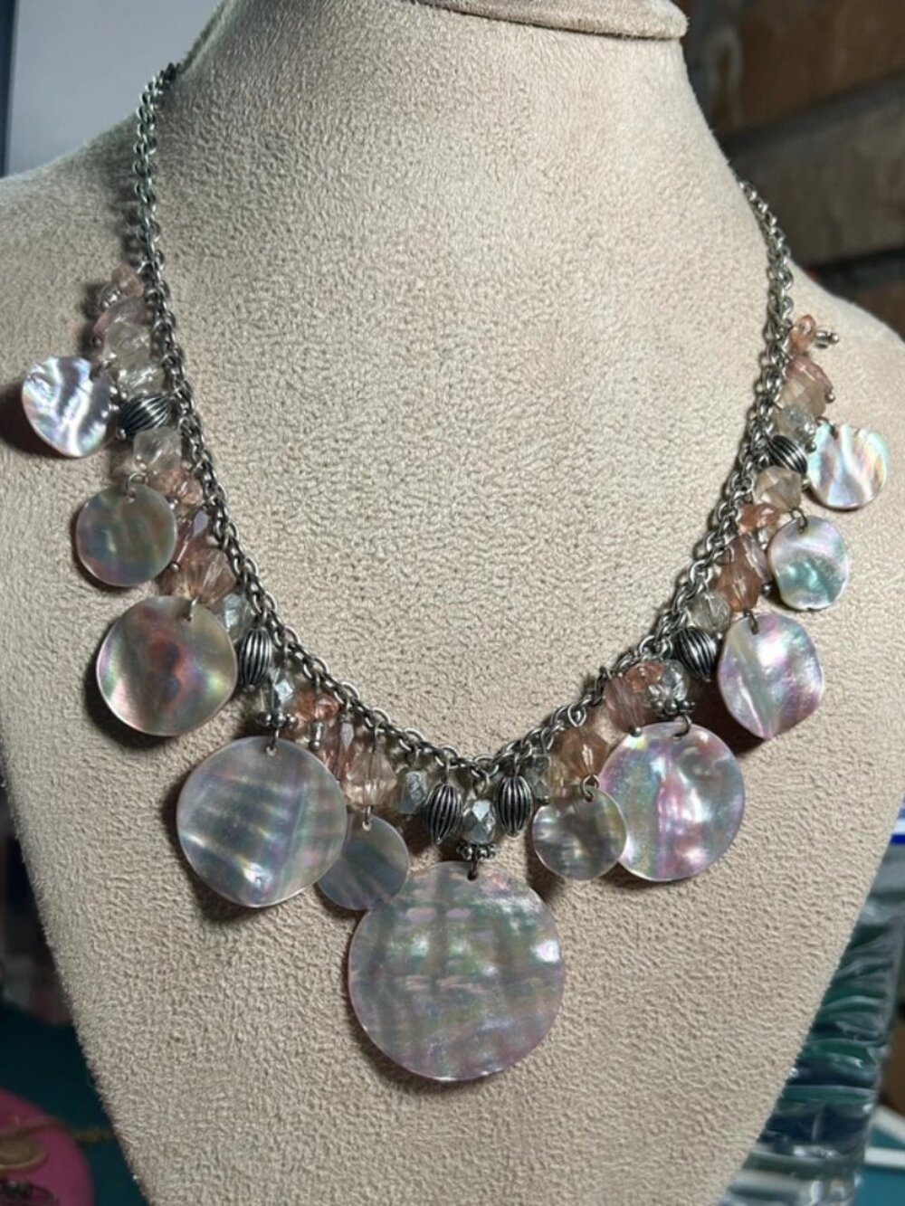 Lia Sophia Reversible Mother of Pearl Shell Disc Statement Necklace Silver Tone